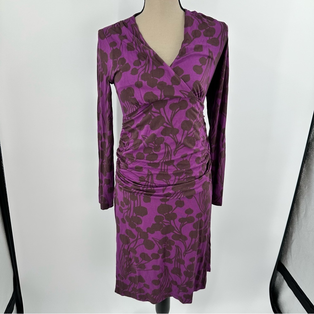 Boden Purple Floral Faux‎ Wrap Dress 8 Purple Crossover Jersey Knit Midi Ruching